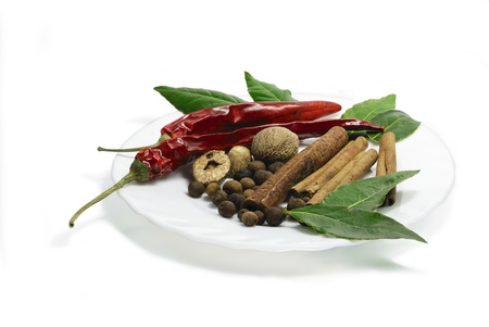 Pepper, Cinnamon, Bay Leaf, Nutmeg, Chili Pepper on white backgroundの写真素材