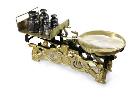 Antique scale, on white backgroundの写真素材