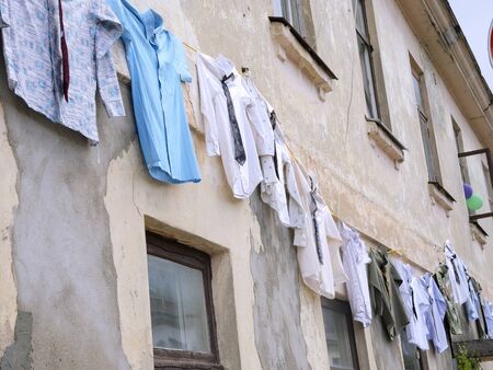 Old home with clothesline in Sabile, Latviaの写真素材