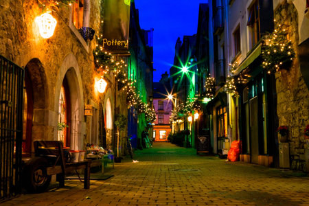 old Galway city street,Kerwan's Lane,decorated with christmas lights,night scene 
