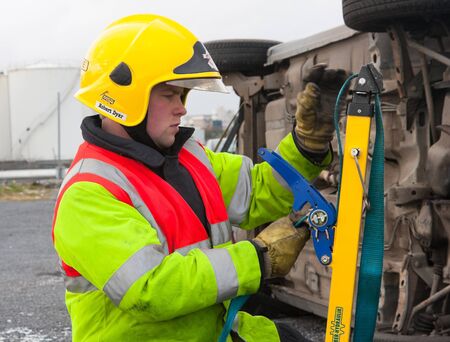 GALWAY-MARCH 9: Galway Fire and Rescue emergency Units at car crash training on March 9, 2011 in Galway, Ireland.のeditorial素材