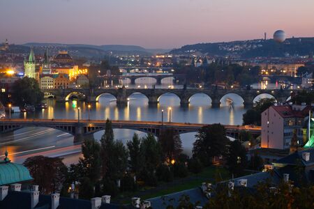 View at The Charles Bridge  and Vltava river, Prague in the duskの写真素材