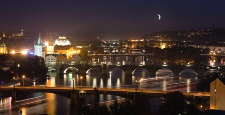 View at The Charles Bridge  and Vltava river, Prague in the duskの写真素材