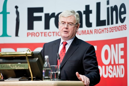 DUBLIN, IRELAND - SEPT 16: Eamon Gilmore, Minister for Foreign Affairs and Trade, speaking at Dublin Castle for the Sixth Front Line Dublin Platform for Human Rights Defenders,  September 16, 2011 in Dublin, Irelandのeditorial素材