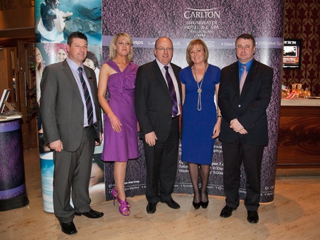 BALLINASLOE - DECEMBER 5: M. Daly, S. Weir, M. Kearney, CEO Carlton Group, Mary Kennedy, RTE and  J. Varley taking part at official Launch of Heather & Earth by C Spa in Carlton Shearwater Hotel on December 5, 2011 in Ballinasloe, Ireland.のeditorial素材