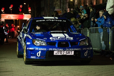 GALWAY - FEBRUARY 4: T.McNulty with Subaru WRC take part at Cremonial start of annual Galway International Rally on February 4, 2012 in Galway, Ireland.のeditorial素材