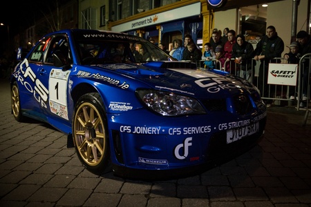 GALWAY - FEBRUARY 4: T.McNulty with Subaru WRC take part at Cremonial start of annual Galway International Rally on February 4, 2012 in Galway, Ireland.のeditorial素材