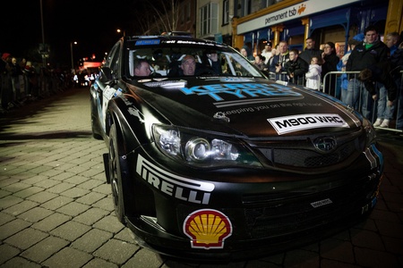GALWAY - FEBRUARY 4:D. McGarrity with Ford Focus WRC take part at Cremonial start of annual Galway International Rally on February 4, 2012 in Galway, Ireland.のeditorial素材