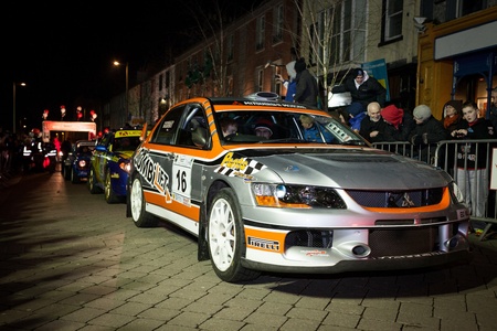 GALWAY - FEBRUARY 4:Josh Moffett with Mitsubishi Evo 9 take part at Cremonial start of annual Galway International Rally on February 4, 2012 in Galway, Ireland.のeditorial素材