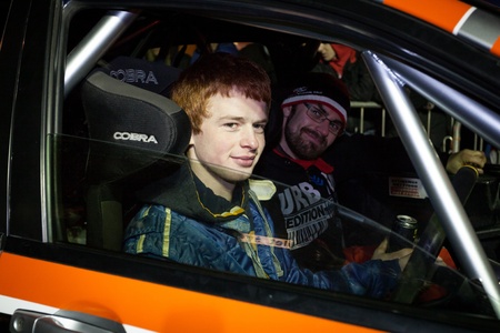 GALWAY - FEBRUARY 4:Josh Moffett with Mitsubishi Evo 9 take part at Cremonial start of annual Galway International Rally on February 4, 2012 in Galway, Ireland.のeditorial素材