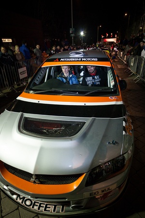 GALWAY - FEBRUARY 4:Josh Moffett with Mitsubishi Evo 9 take part at Cremonial start of annual Galway International Rally on February 4, 2012 in Galway, Ireland.のeditorial素材