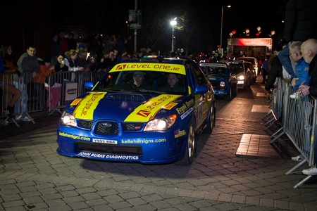 GALWAY - FEBRUARY 4:R.Burke with Subaru Impresa take part at Cremonial start of annual Galway International Rally on February 4, 2012 in Galway, Ireland.のeditorial素材