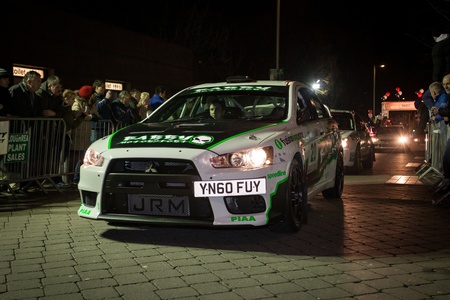 GALWAY - FEBRUARY 4: D. Barry with Mitsubishi Evo 10 take part at Cremonial start of annual Galway International Rally on February 4, 2012 in Galway, Ireland.のeditorial素材