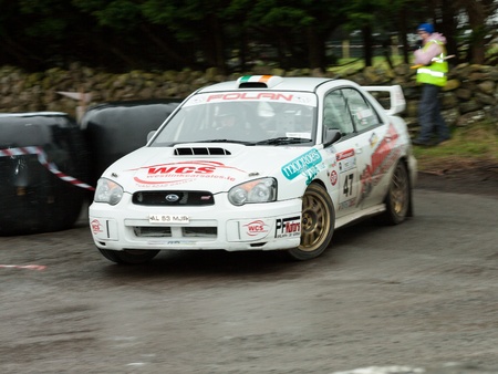 GALWAY - FEBRUARY 5:J.Folan driving Subaru Impreza N10 at annual Galway International Rally on February 5, 2012 in Galway, Ireland.のeditorial素材