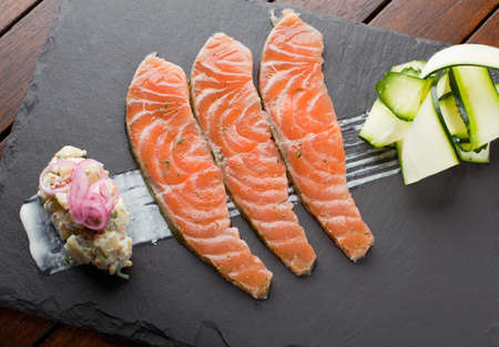 Homemade Salmon Gravadlax withPotato and Mustard Saladの写真素材