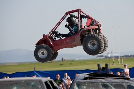 GALWAY, IRELAND - MAY 26:  Unidentified freestyle buggy  rider jumps through the air during The  Extreme Stunt Show on May 26, 2012 in Galway, Irelandのeditorial素材