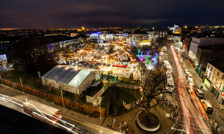 Christmas market in Galway at night, panoramic view from high point.の写真素材
