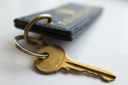 Close up of Hotel key with tag. Shallow DOFの写真素材