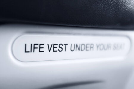 Sign Life West Under the Seat in the airplane. Macro. Monochromatic.の写真素材