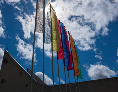 Number of single colore flags against the blue sky