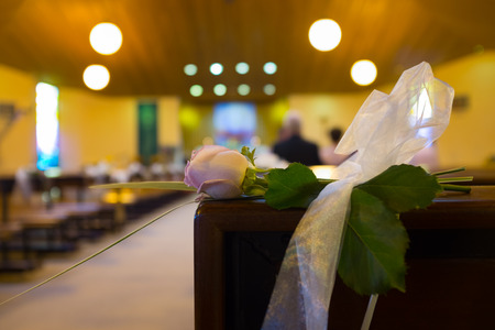 Close up of Wedding flowers set up in catholic church.の写真素材