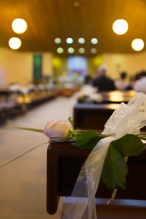 Close up of Wedding flowers set up in catholic church.の写真素材