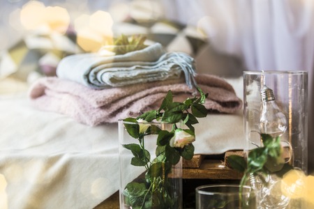 Beautiful spring flower in vase, vintage cardの写真素材