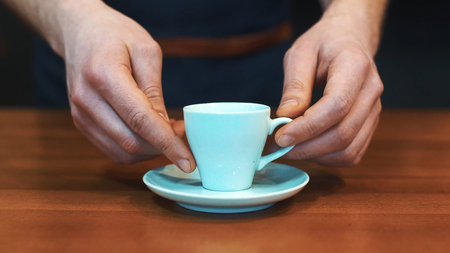 Barista serving a cup of coffee to camera on a wooden table