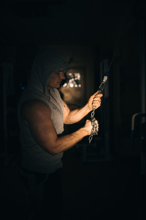 an athlete pumps his arm muscles with a chain in the gym on a dark background,