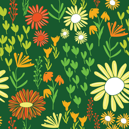 colorful daisy world garden repeating seamless pattern green yellow orangeのイラスト素材