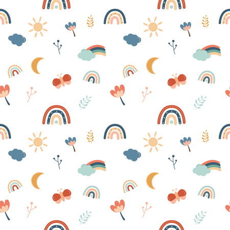 Seamless pattern with cute hand drawn rainbows. Vector illustrationのイラスト素材