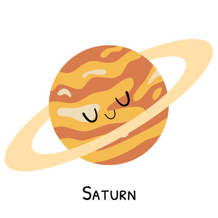 Vector illustration of the planet Saturn with a smiling face on a white backgroundのイラスト素材