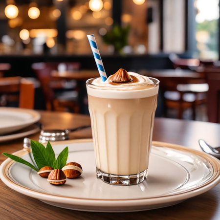 Iced Dalgona Coffee in a tall glass on a wooden tableの素材