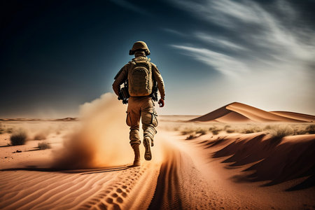 Soldier running in the middle of the desert. 3d renderingの素材