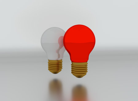 Red light bulb in crowd of white ones. 3D illustration.の写真素材