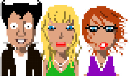 illustration of pixel art people in 8-bit video game set