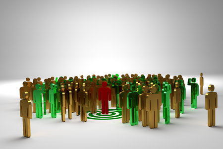 3d illustration of group of people with green leader in the centerの写真素材
