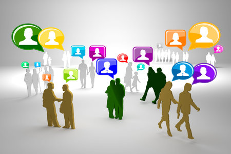 Group of people with social media icons in different colors, 3d render