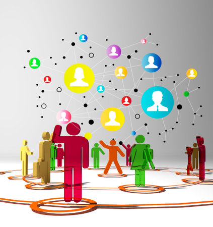 Social network concept with people and media icons. 3D rendering.