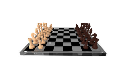 Chess board with chess pieces on white background. 3d renderの写真素材