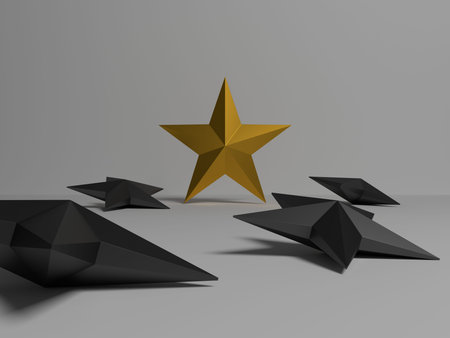 3d rendering of a gold star among black origami paper planes