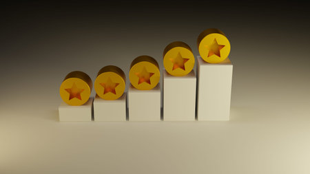 Five golden stars in a row on a gray background. 3d rendering