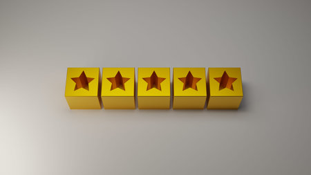 3d rendering of five golden stars in a row on gray background
