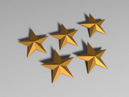 Five gold stars on a gray background. 3D illustration. Vector.