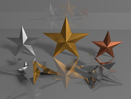 3d rendering of golden and silver stars with reflection on gray backgroundの写真素材