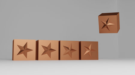 3d rendering of five golden stars in a row on gray background