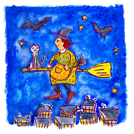 Halloween illustration with witch and cat on a broomstick on blue backgroundの写真素材