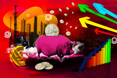 Digital illustration of piggy bank in color background with business graph.の写真素材