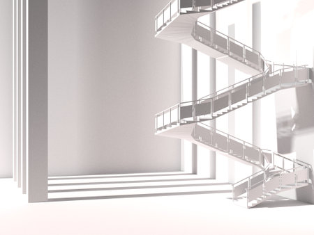3d rendering of white stairs in a room with light and shadowの写真素材