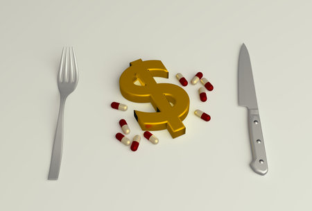 Dollar sign with fork and knife on white background, 3d renderの写真素材